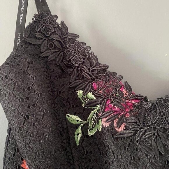 Whimsigoth Midi Dress Black Lace Floral Embroidery Dark Fairy - Picture 5 of 16